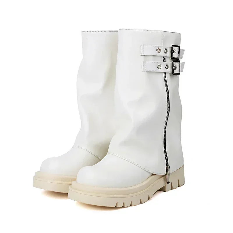 

Punk Gothic Women Designer Shoes Winter Fall Warm Flat Heels Botas Black White Round Toe Platform Zipper Mid-calf Luxury Boots