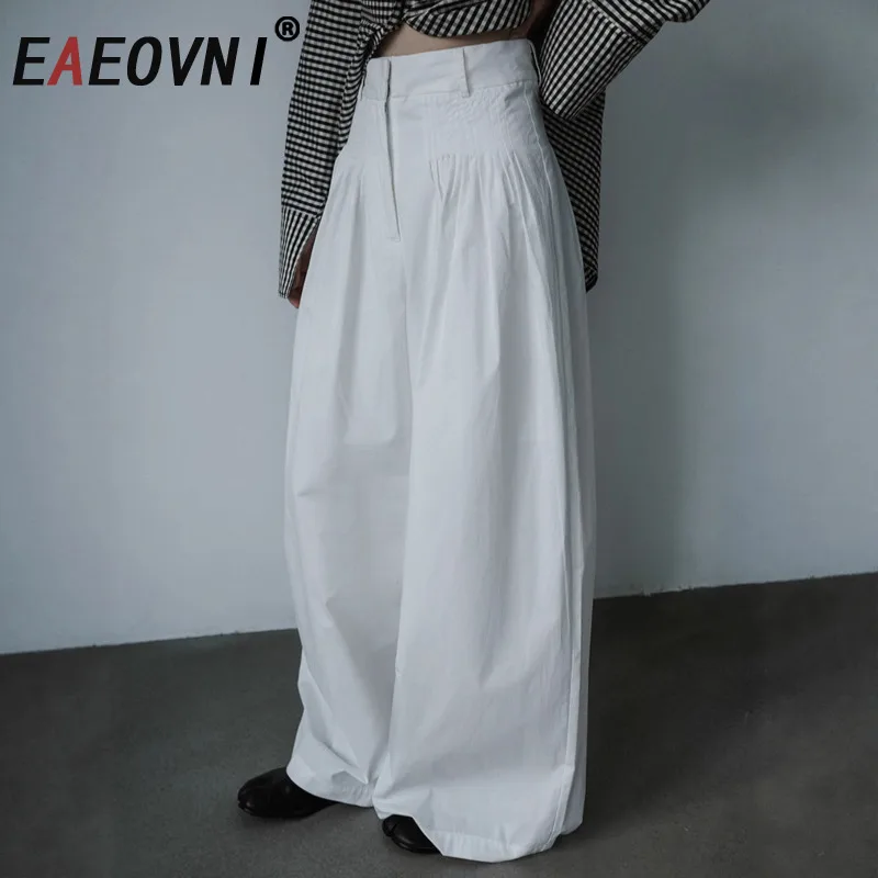 

EAEOVNI элегантные свободные однотонные длинные брюки для женщин с высокой талией, широкие брюки большого размера, повседневная одежда 2025, новая одежда