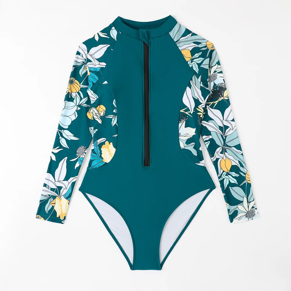 Nadanbao Long Sleeve Zipper Swimwear Women Sexy Beach Party Bodysuit Swimsuit Female Floral Printing Fashion Surfing Beachwear