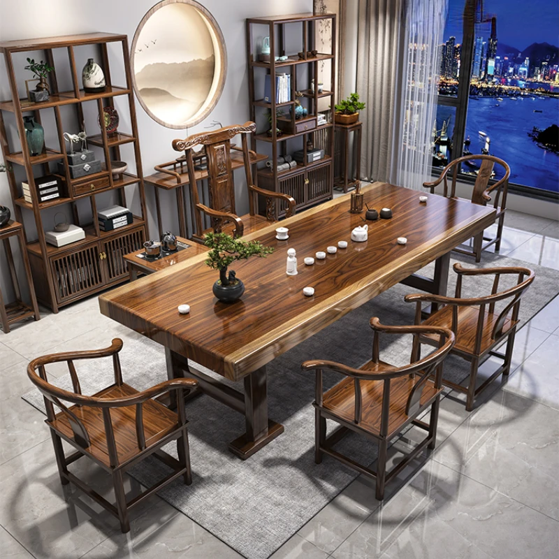 

Combination of solid wood tea tables and chairs, one table and five chairs, a new Chinese style household wooden tea table