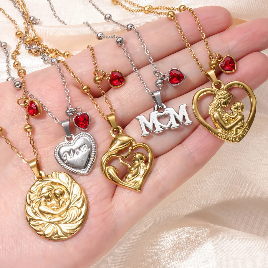 Mother’s Day Stainless Steel Jewelry Minimalist Mother Love Pendants Necklace with Red Rhinestone Perfect for Mom Fashion Chains