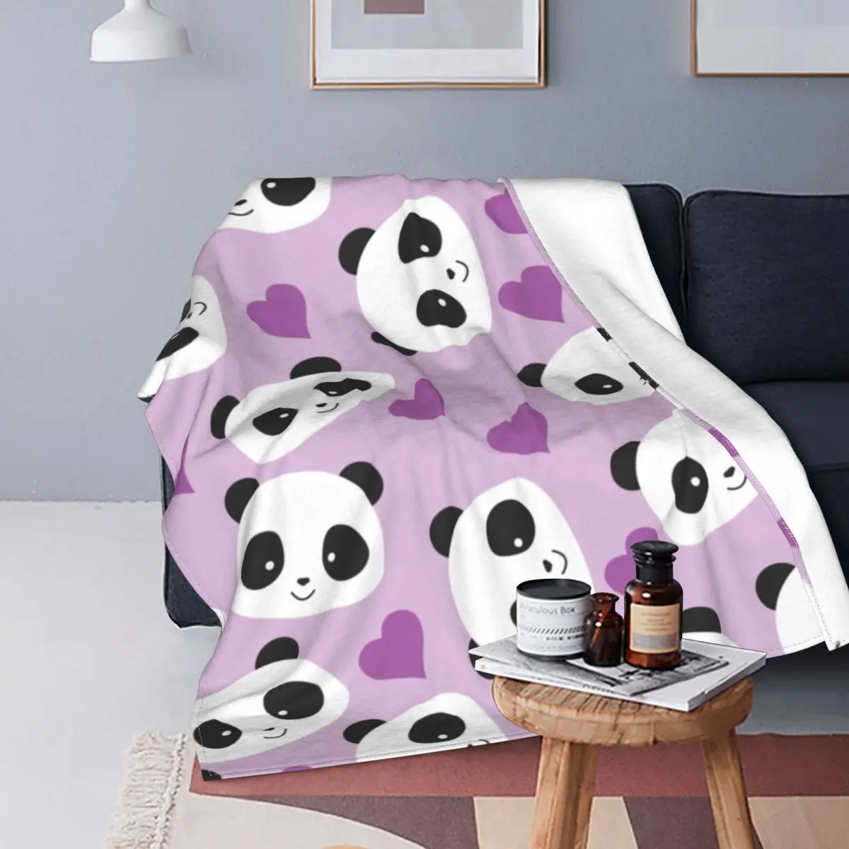 

Cute Panda Purple Hearts Pattern Gift Idea Blankets Warm Flannel Cartoon Throw Blanket for Sofa Bedroom Bedding