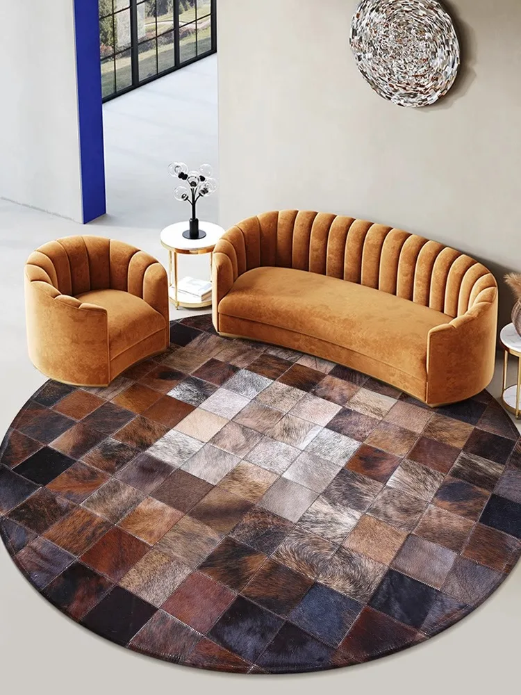 Handmade Genuine Round Carpet for Living Room Brown Patchwork Area Rug Sofa Mat Luxury Study Room Decoration Real Cow Fur Mats