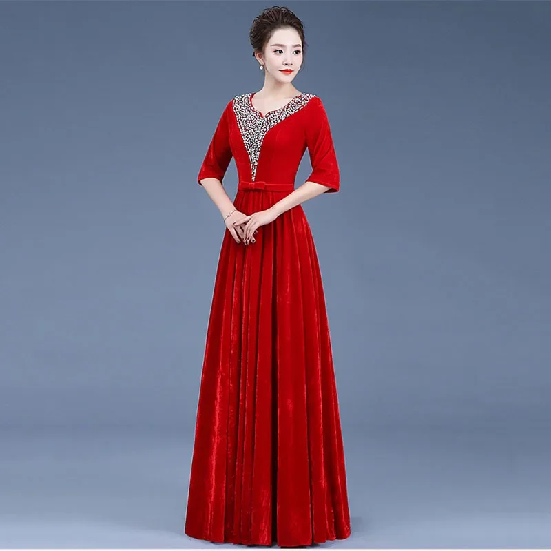 Middle-Aged Mother Golden Velvet Dress Women Autumn  New Fashion Party Dresses Lady V-Neck Temperament Long Dress Female KX140
