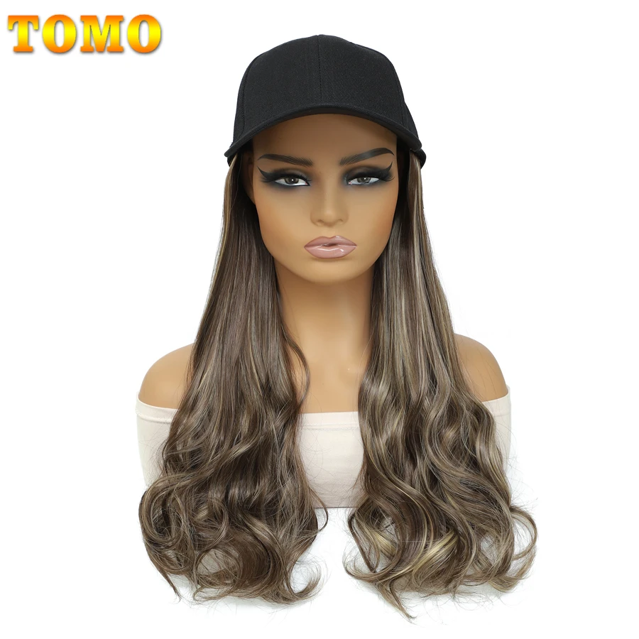 TOMO Baseball Cap With Curly Hair Extensions 18 inch Long Wavy Synthetic Hair With Adjustable Hat Wig Attached Baseball Cap