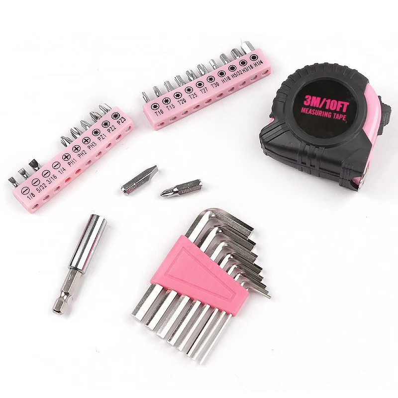 39-Piece All Purpose Household Pink Tool Kit with Storage Box General Basic Repair Tool Set with Hammer Pliers Wrenches