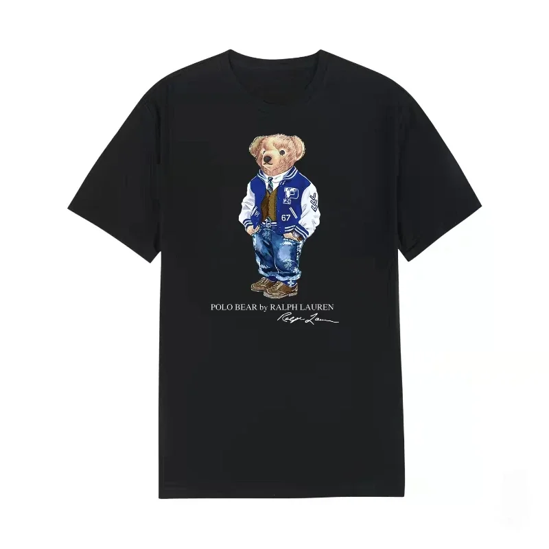 Versatile High-end 2024 100% Pure Cotton Round Neck T-shirt for Men Printed with A Bear Pattern Simple and Fashionable graphic