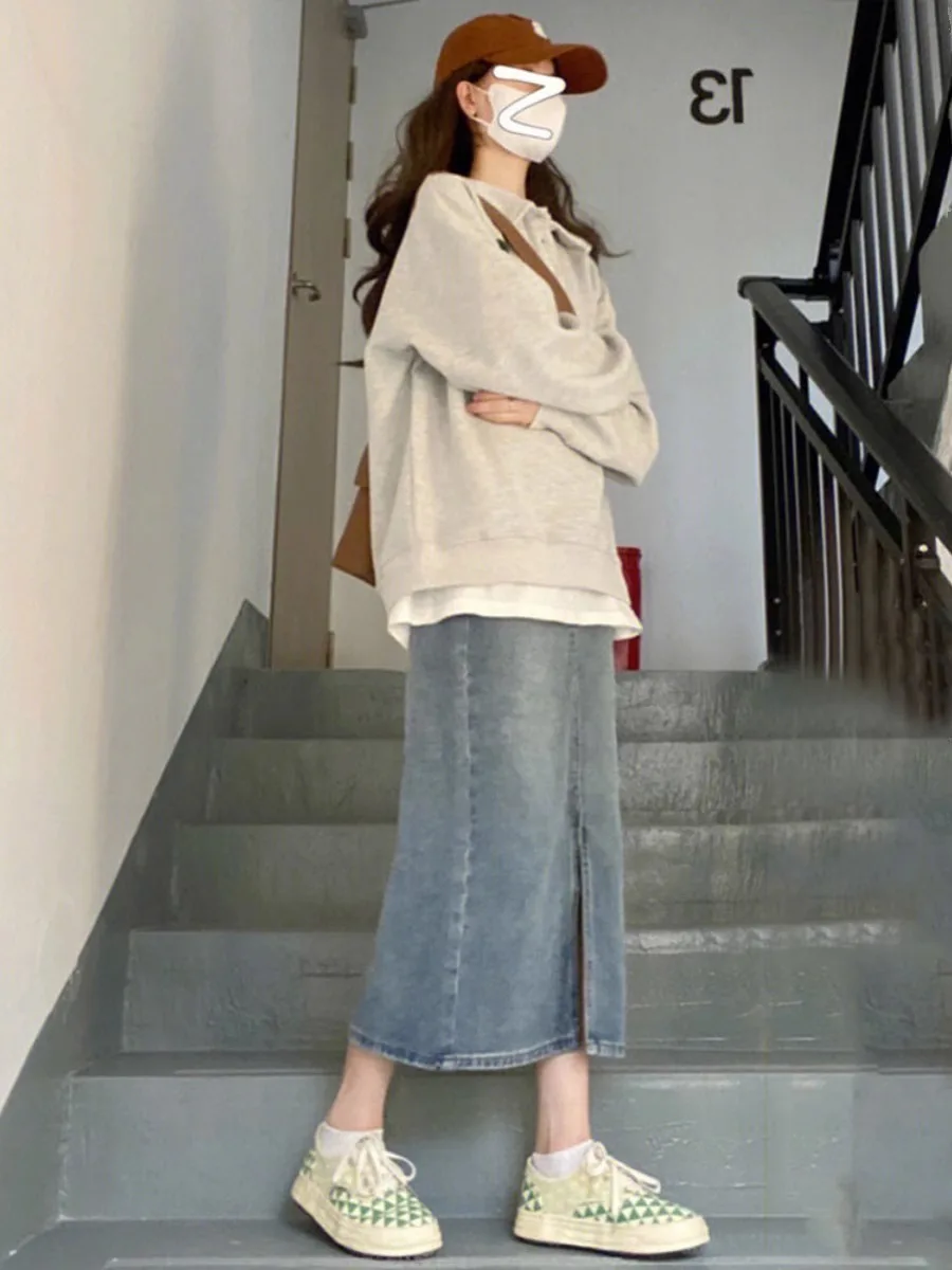 High Waist A-Line  Skirt for Women Denim Split Korean Style plus Size Conceals Belly Slimming Mid-Length Half Skirt