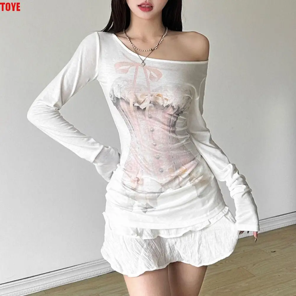 

Cute Slanted Neck Cat Print Shirts Top Thin Letter Long Sleeved T-shirt Ins Loose Sweet T-Shirts Women Summer