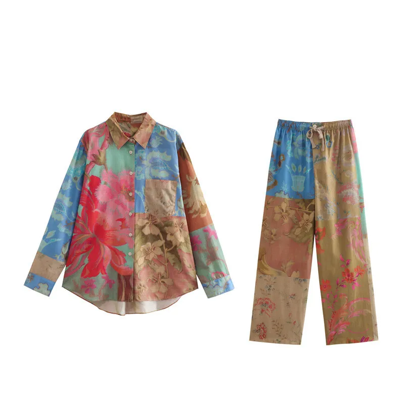 

2023 Summer New European American Style Color Block Printed Loose Shirt with Tie and Straight Leg Pants Two Piece Set for Women