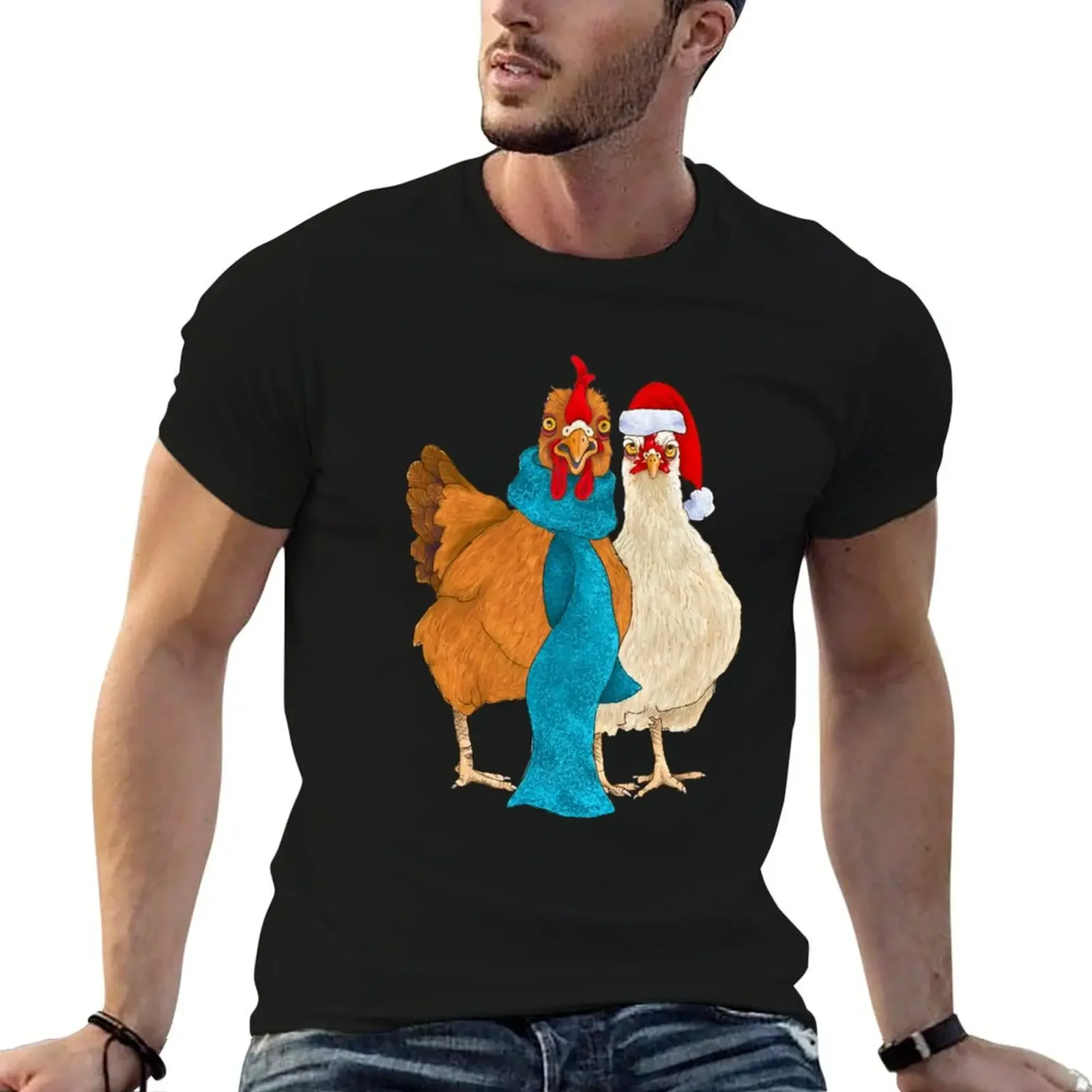 Silly Chickens in Scarves and Santa Hats T-Shirt summer top anime t shirts rapper graphic tees mens big and tall t shirts