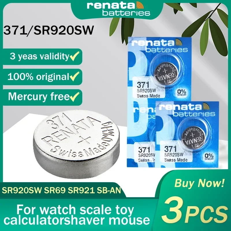 3PCS 100% Renata 371 SR920SW AG6 LR920 LR69 920 1.55V Silver Oxide Watch Battery For Scale Toy Remote Control Button Coin Cells