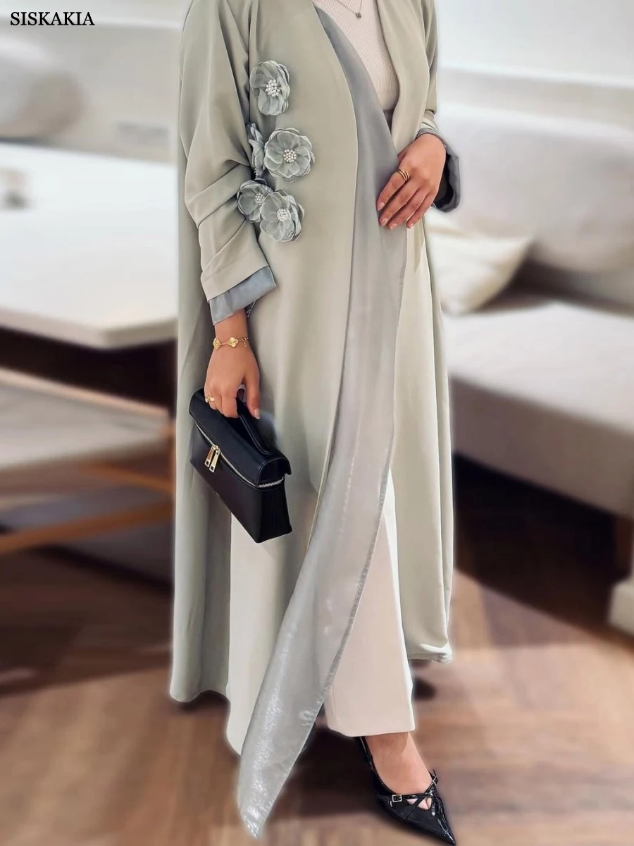 Siskakia musulman élégant Patch conceptions femmes ouvert Abaya dubaï solide perles Cardigan col en v caftans