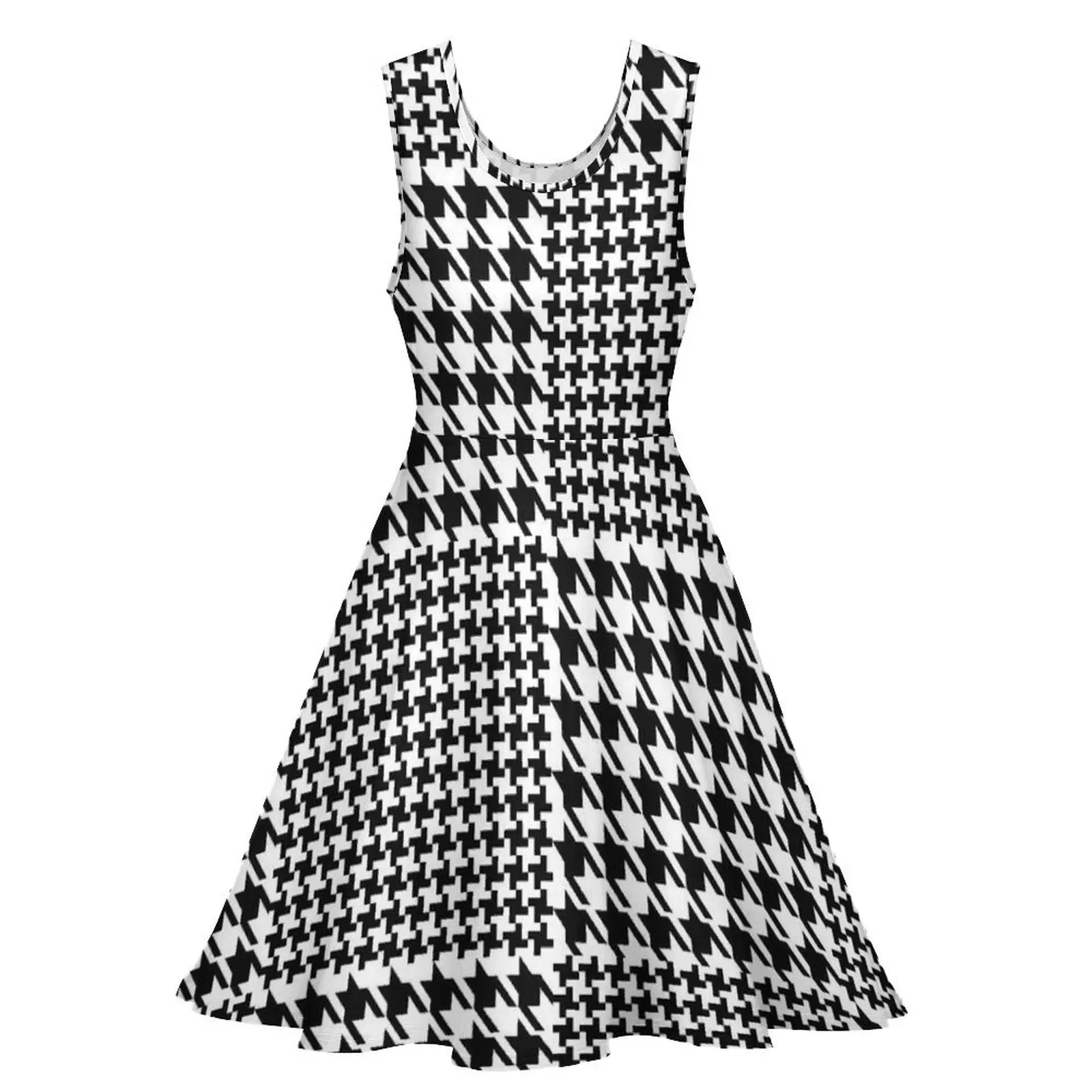 Vestido feminino de cintura alta Houndstooth, estampa patchwork, vestidos casuais extragrandes, vestido de skate padrão boho, vintage, verão