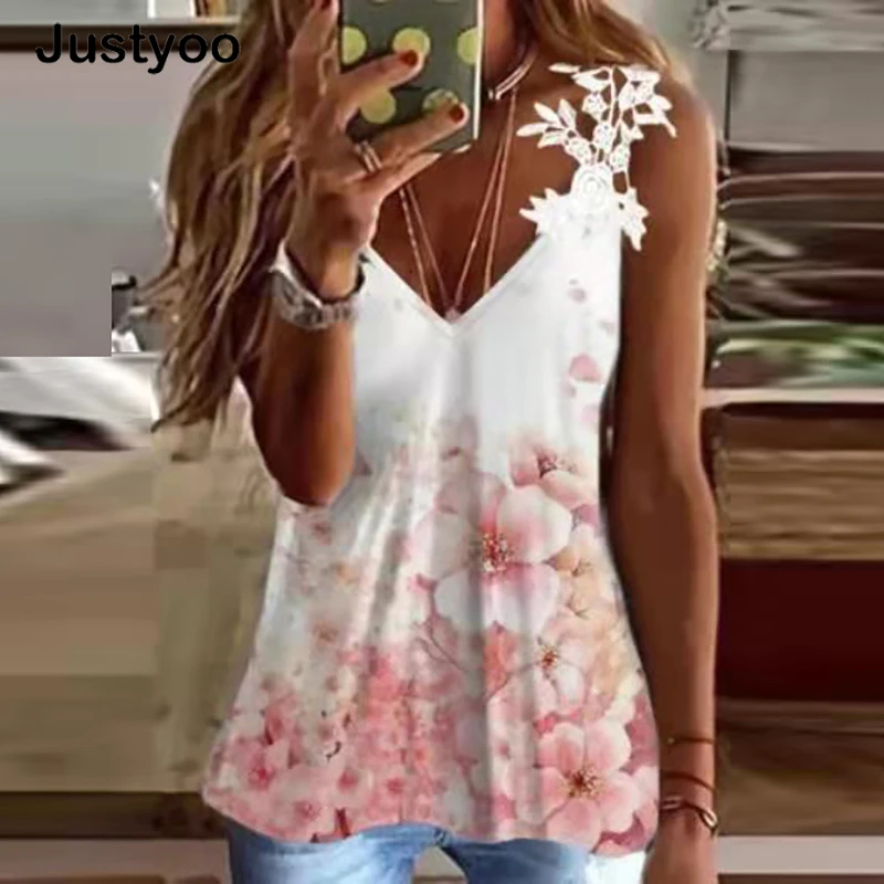 

2022 Women Oversized T Shirt Sexy Female V Neck Lace Tshirts Woman Tank Top Y2k Vintage Flower Print T Shirt Women Casual Vest