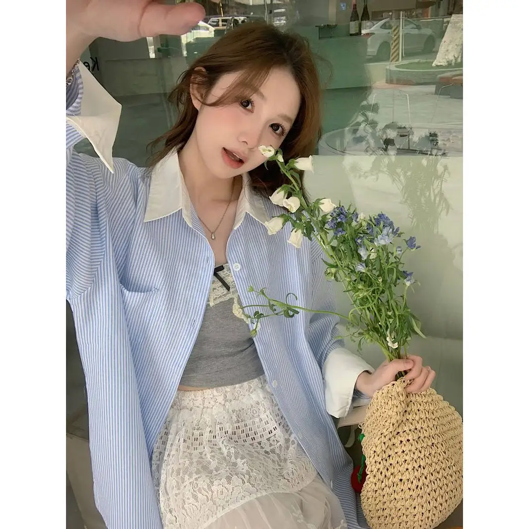

Chic Retro Striped Women's Long Sleeve Shirt Korean Style Patchwork Sun Protection Top Casual Loose Fit Polyester Fiber