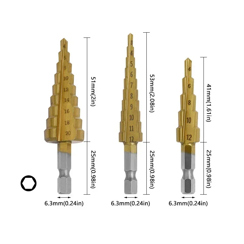 3pcs Straight Groove Step Drill Bit Set Titanium Coated Core Drilling High Speed Tool for Metal Triangle Hexagon Hole Cutter