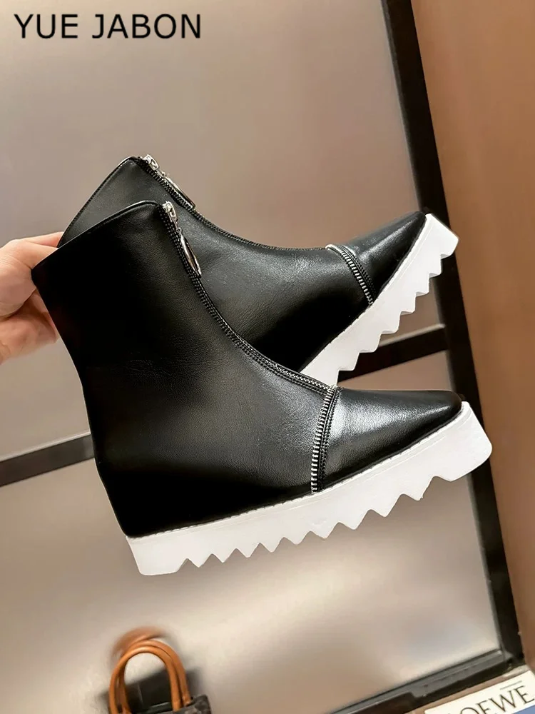 New Gothic Style Elegant Chunky Platform Women Ankle Boots Real Leather Walking Comfy Woman Stars Shoes Height Increasing