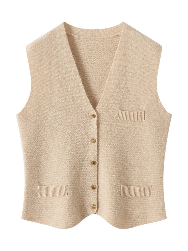 

V-Neck Cardigan Vest Sweater 100% Cashmere Autumn Winter Women's Gentle Temperament Comfort Knitwear Warm Soft Clothing Tops