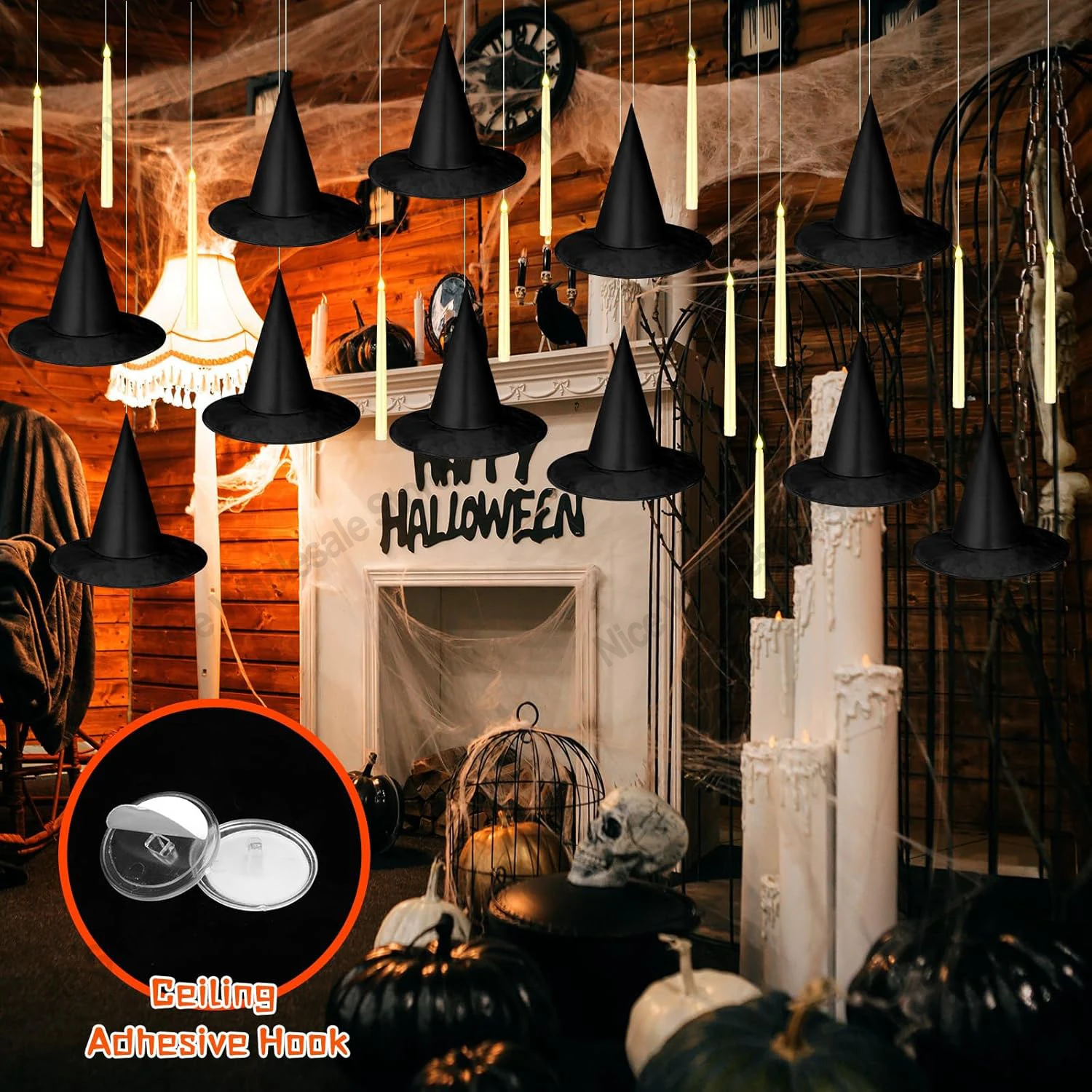 24-48Pcs Floating Candles With Magic Wand and Hanging Witch Hats Set Flickering Light LED Flameless Candle for Halloween Decor