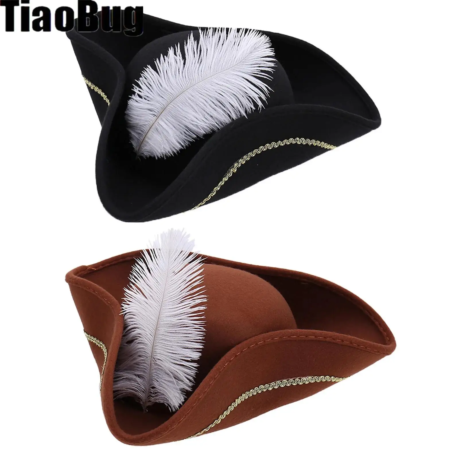 Pirate Hat Feathered Pirate Captain Hat Adorned With Gold Braided Tape Headwear Halloween Cosplay Pirate Hat