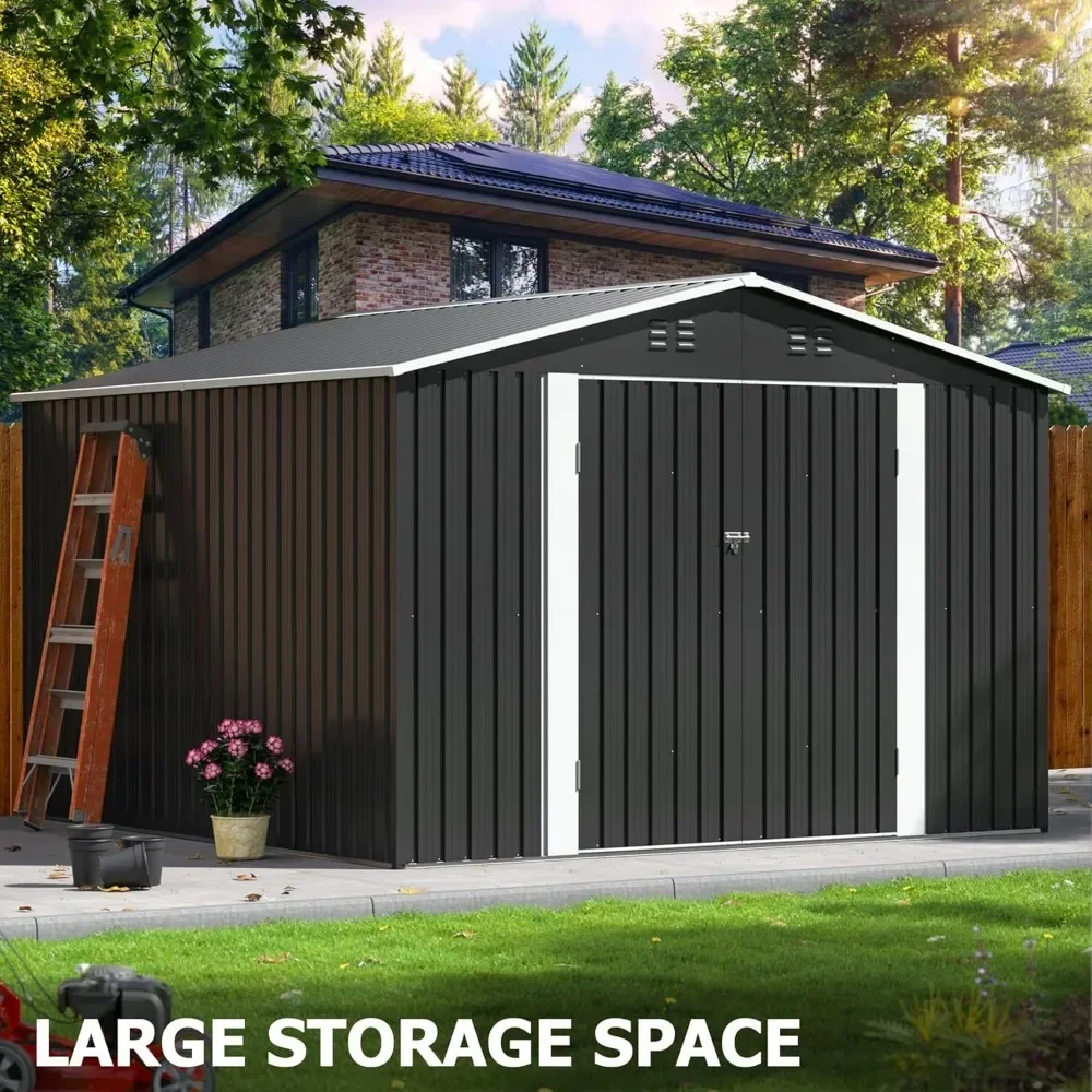 10x10 FT Outdoor Storage Shed, Garden Shed with Updated Frame Structure and Lockable Doors, Metal Tool Sheds, Grey