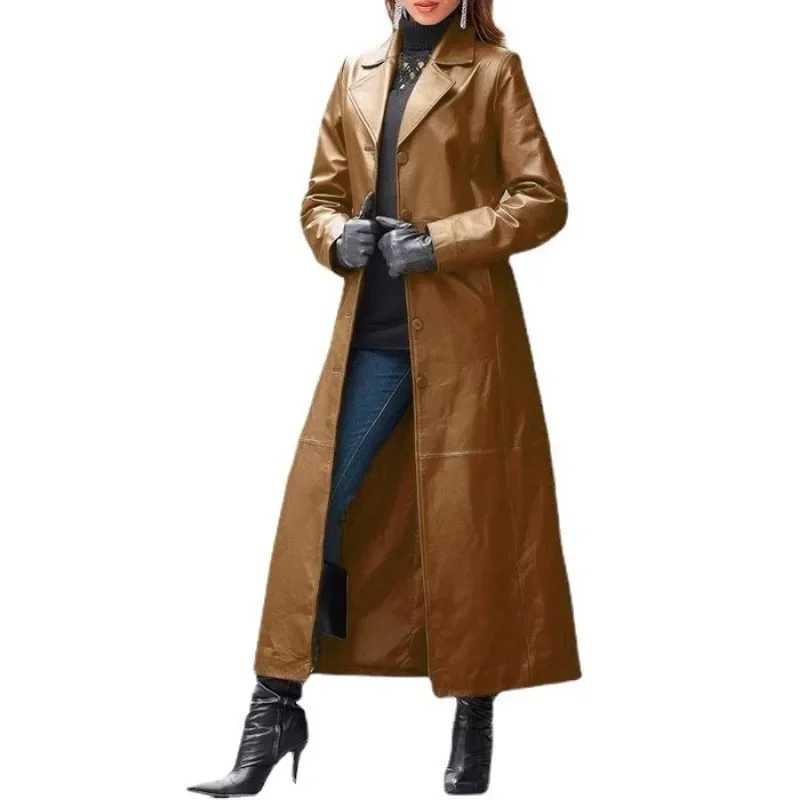 Verlängerter Mantel Pu Jacken Outwear Slim Fit Trend Knopf Ledermantel Trench Frauen Mäntel Langarm Leder Wind mantel