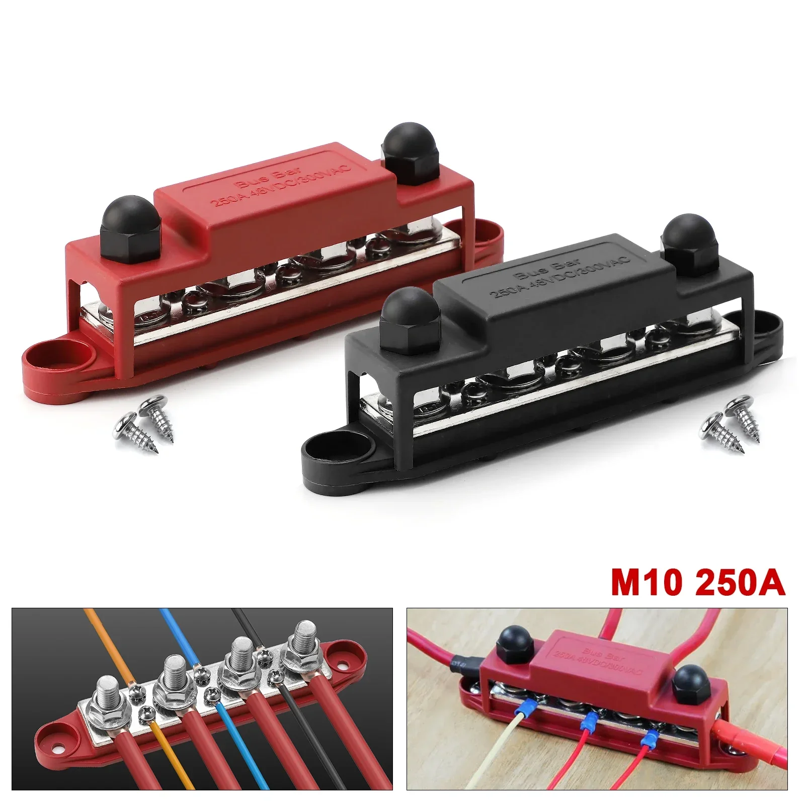 

12V-48V 250A New Terminal Block Bus Bar M10 4-Post Truck Boat RV Power Distribution Block 6 x #8 Screws For Camper Marine Use