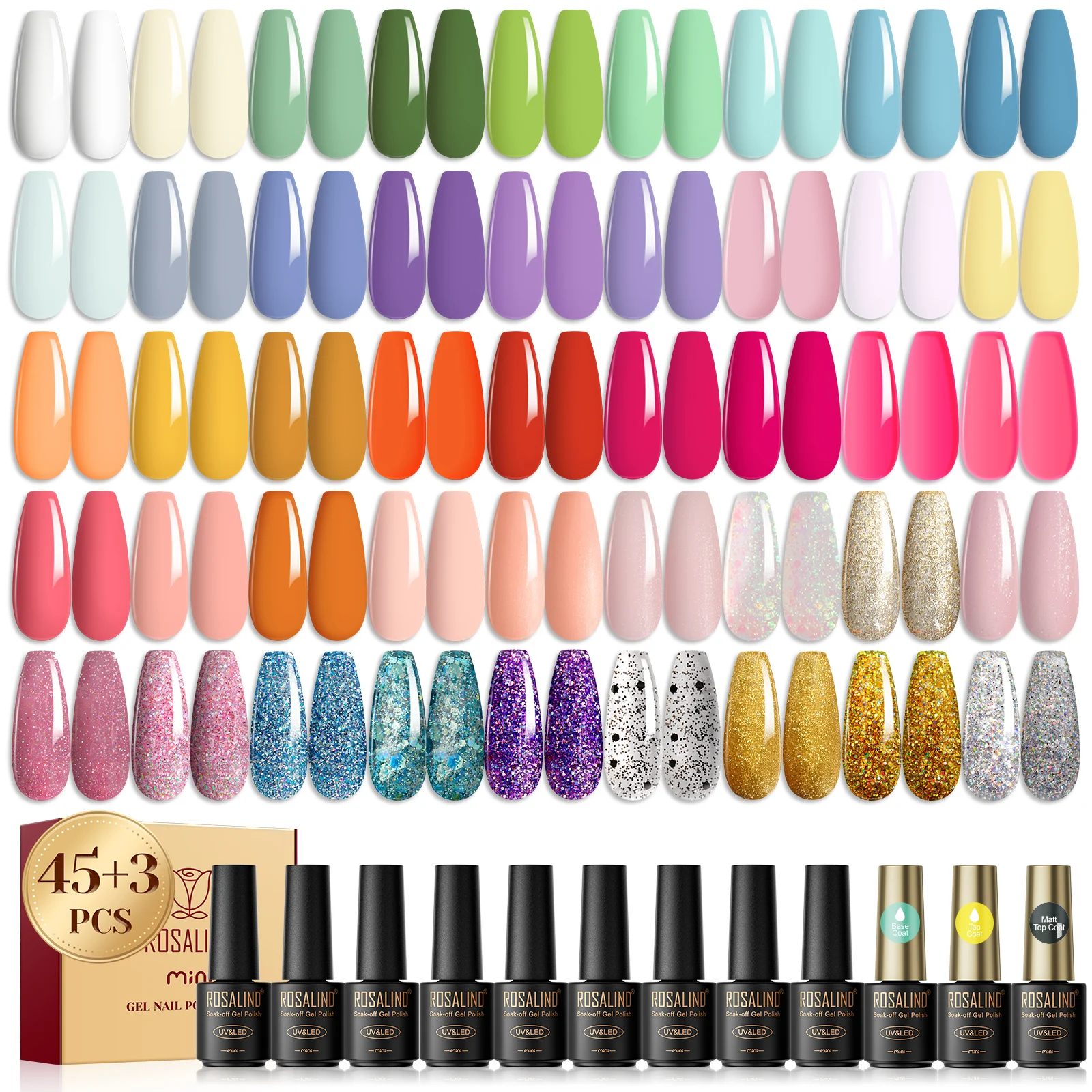 ROSALIND 5ml Glass Bottle Nail Polish UV Gel Kits Base Top Coat Soak Off Hybrid Semi Permanent Nail Gel Lacquer with Box