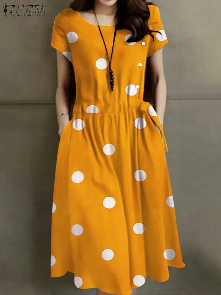 

2023 ZANZEA Women Dress Printed Sundress Bohemian Holiday Beach Knee-length Vintage Short Sleeve Polka Dot Robe Femme Vestidos