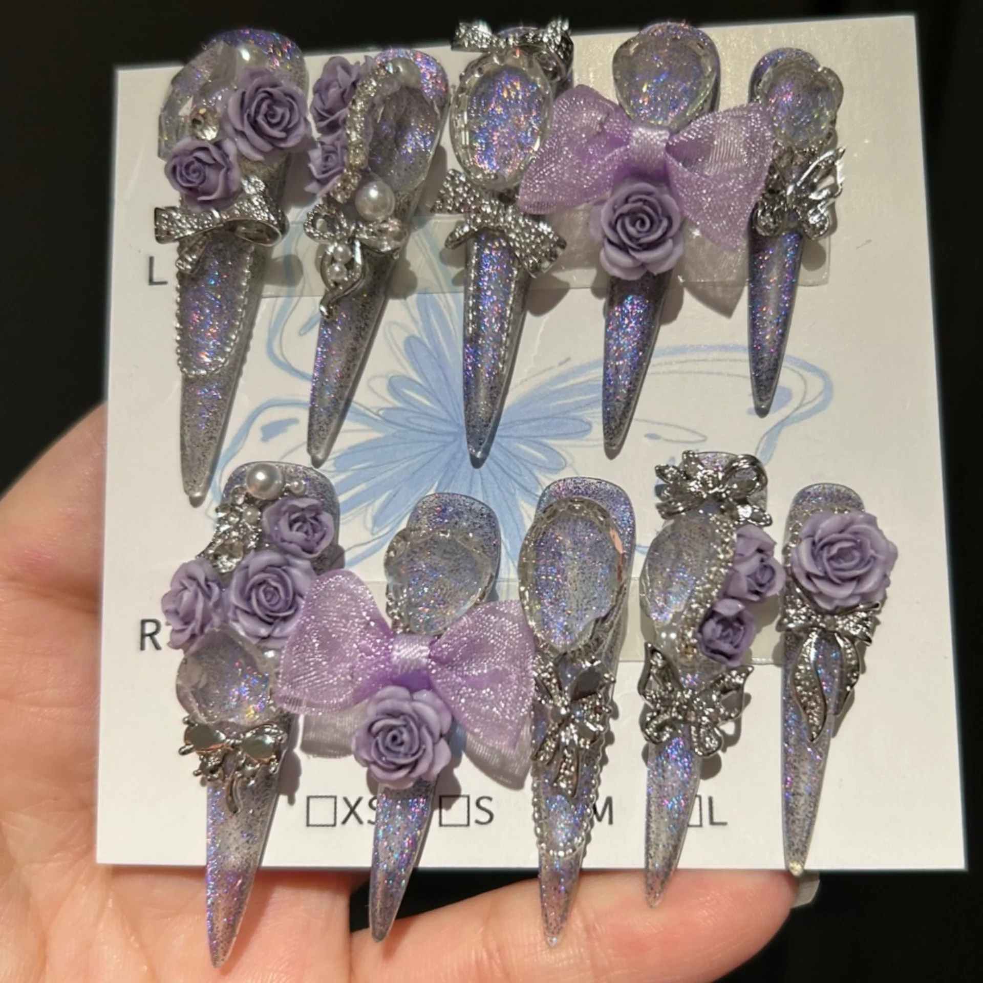 

10pcs Wisteria Stiletto Handmade Nails Sets Press on Glitter Diamond Bow Design Long Almond Purple Fake Nails Tips False Nail