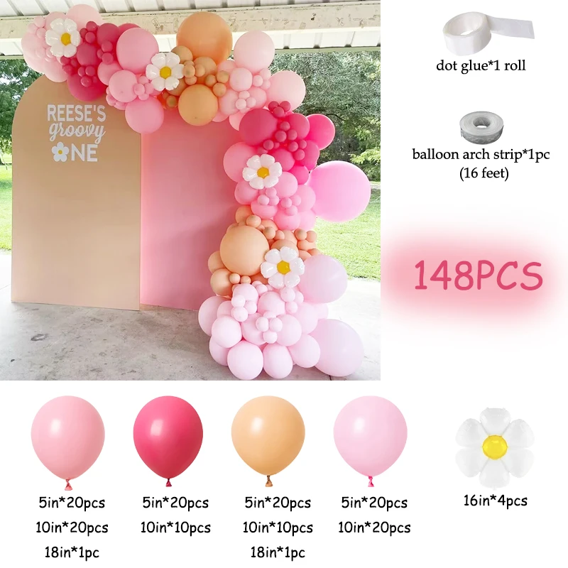 Pink Daisy Balloon Garland Daisy Flower Helium Balloons Groovy One Party Decor Girl Birthday Party Ballon 1st 2nd birthday