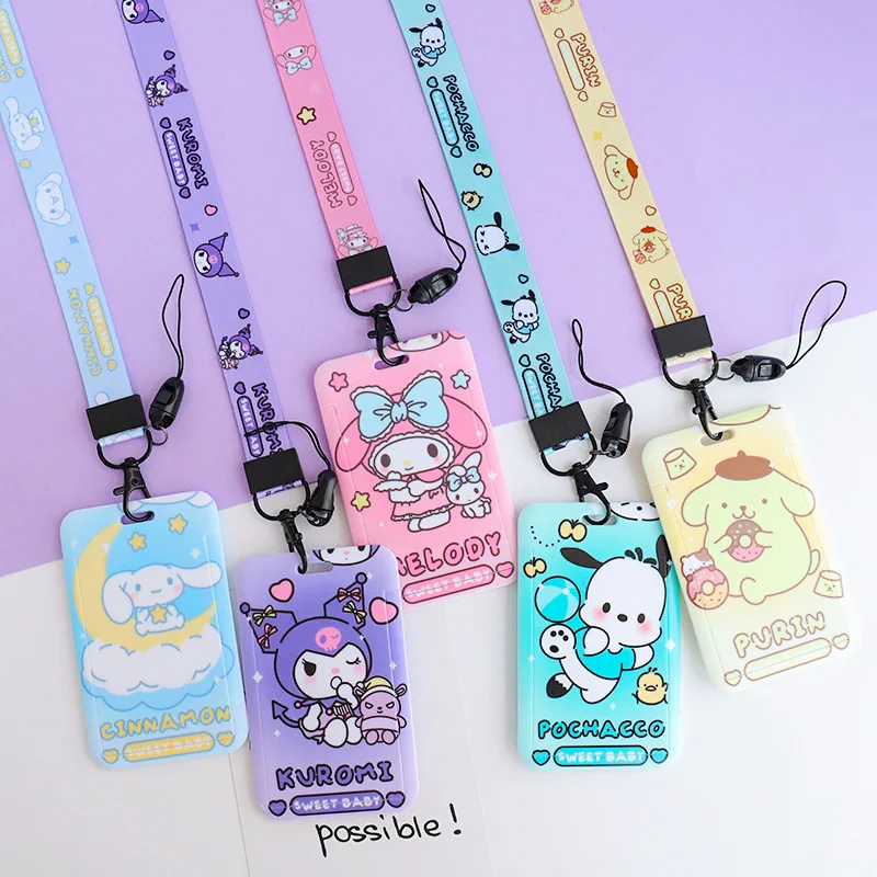 

New Cute Sanrio Kuromi Lanyard Card Holder ID Bus Subway Access student Card Sleeve Pull Buckle Telescopic Lanyard Card Holder