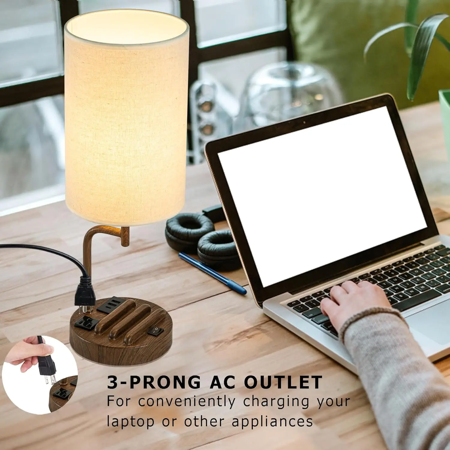 Moderne Schreibtischlampe mit 3 USB-Anschlüssen, Steckdosen und Telefonständer – perfekt für Schlafzimmer, Wohnzimmer, Büro (2er-Pack, Walnuss)