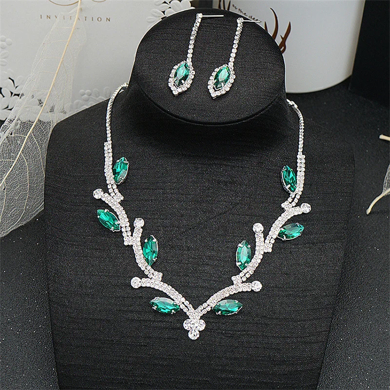 FYUAN Geometric Rhinestone Necklace Earrings Women Pink Red Blue Green Crystal Earrings for Wedding Bride Jewelry Sets