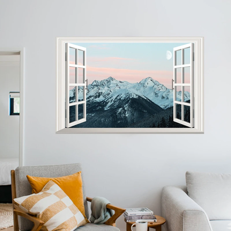 Outside the Window Endless Snow Mountains View Vinyl Wall Stickers for Home Decoration Aesthetic Rooms Natural Scenery Wallpaper