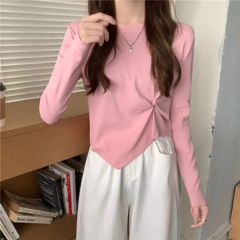 Pleated Long Sleeve Korean Fashion T-shirts Women Slim Y2K Vintage Tops Kpop Cute Winter Tees Cheap Clothes Woman Pink Tshirts
