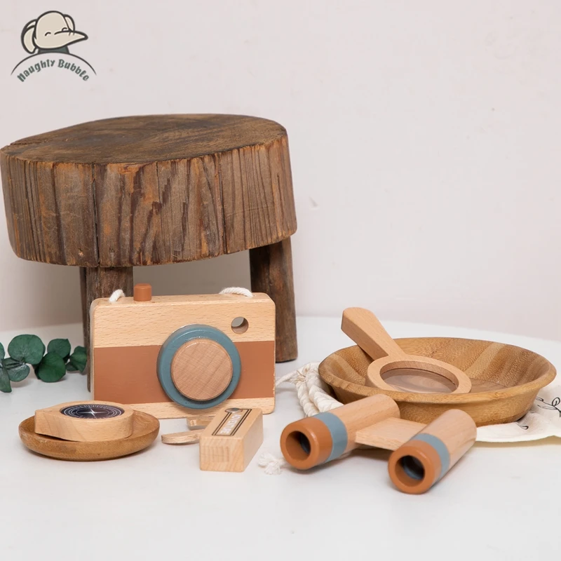 5pcs Outdoor Adventure Set Wooden Toys Wooden Camera,Magnifying Glass,Telescope, Compass, Wooden Knife DIY Outdoor Adventure Set