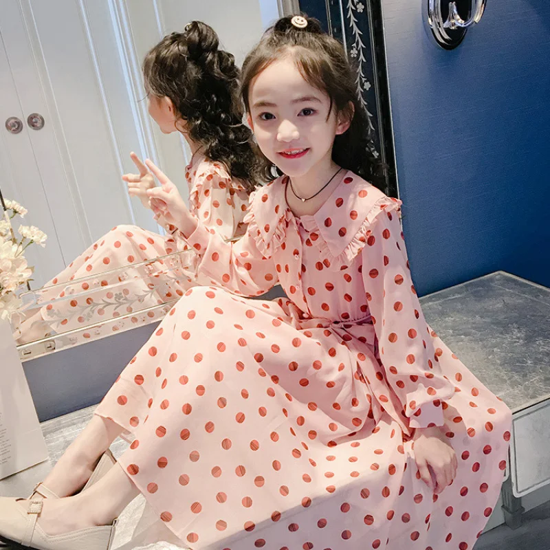 

Girls' Dress2025New Ruffled Polka Dot Dress for Little Girls, Medium and Large Children, Long Sleeve Chiffon Dress with Bowknot