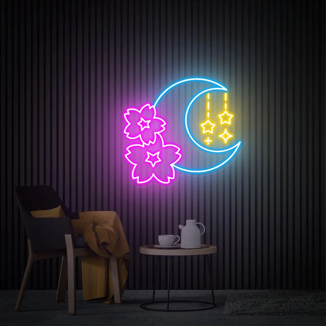

Sakura and Moon Neon Sign Sakura Neon Wall Art Bedroom Moon Decor Game Room Decor Neon