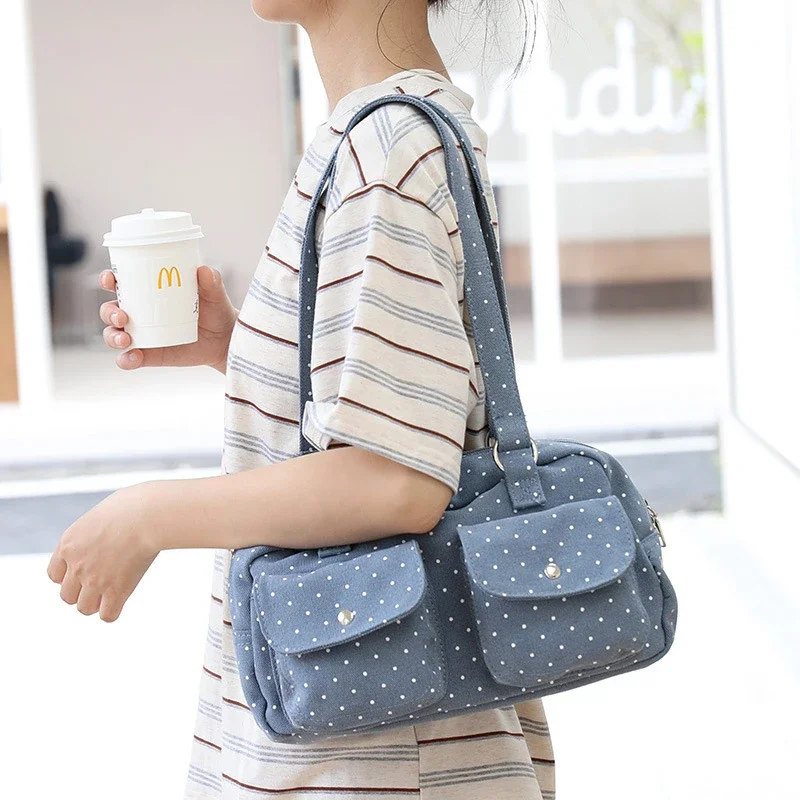 Schultertasche mit mehreren Taschen und Sternenmuster, gepunktet, für Damen, Canvas-Tragetasche, koreanische süße, niedliche, lässige Handtasche für Pendler und Reisen – Detail 13