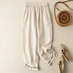 Women Retro Harajuku Lace Embroidered Cotton Linen Length Pants Summer Fashion Loose Elastic Waist Trousers Pantalones