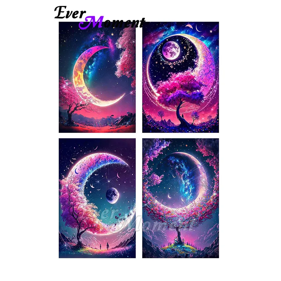 

Ever Moment Луна и красивое дерево Ночной вид Квадратная круглая алмазная живопись Ручная работа 5D DIY ASF2973