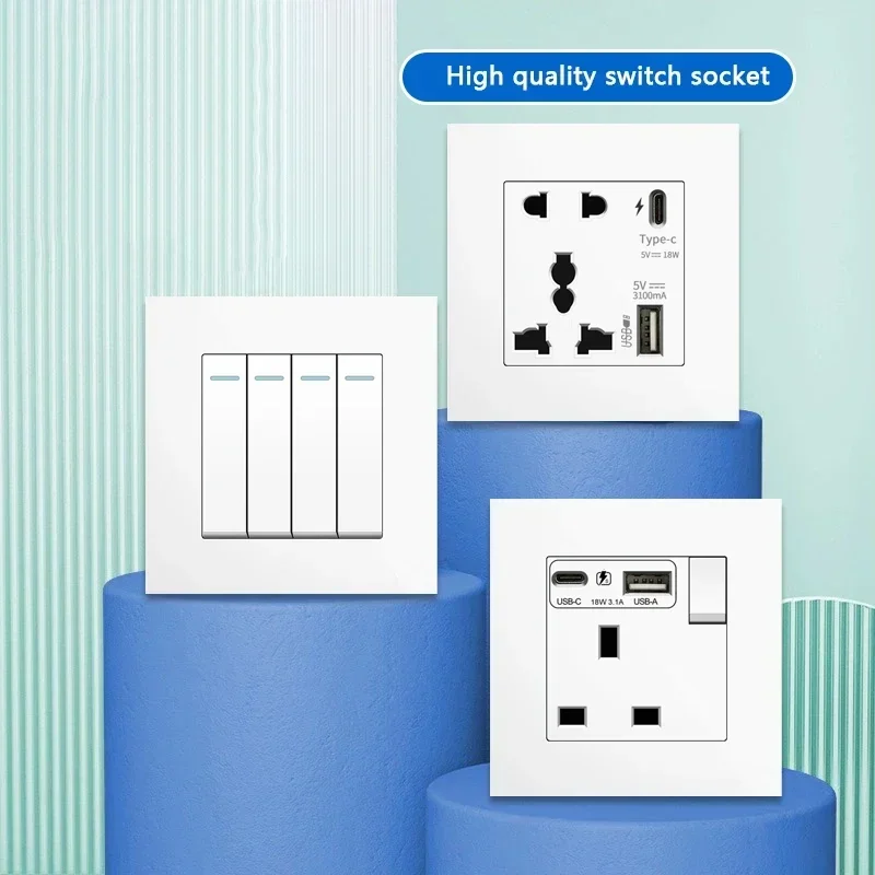 UK 13A Wall Socket with USB Type C 18W Quick Charge Power Outlet,Universal Electrical  Wall Light Switch Dual 3-pin Socket 220V