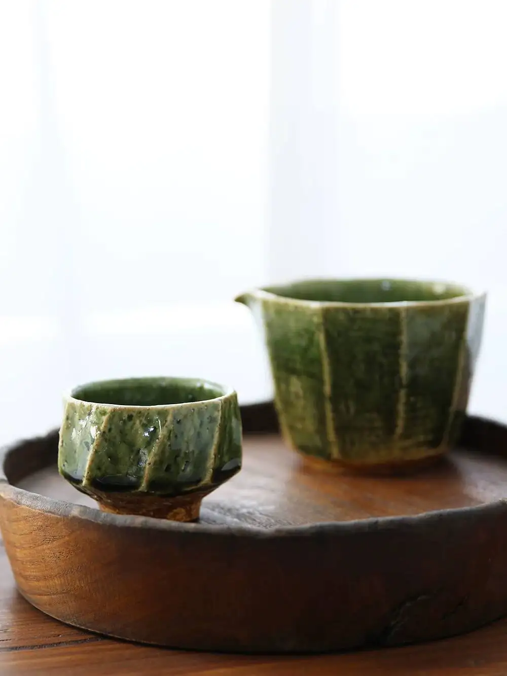 Kyo Kiyomizu Ware Woven Green Glaze Fair Handmade Even Cup Japanese Sea Tea Divider