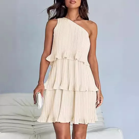 Pure Color Asymmetrical oulder Splicing Hemline Women's Dr Cake Skirt High Waist Wool Fabric Svel Travel Wear