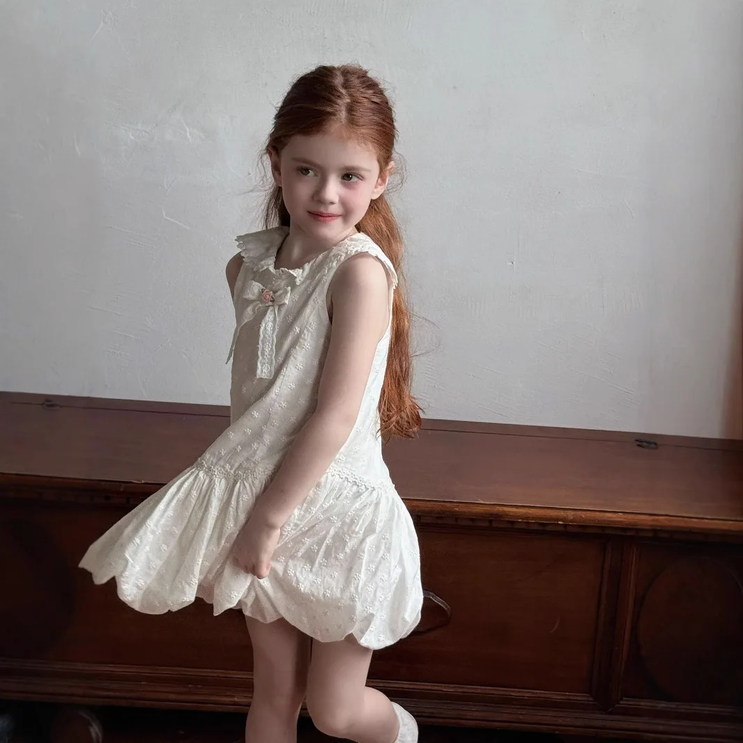 2025 Spring Summer New Children Clothing Korean Girls Bow Fresh Splicing Lace Rope Vest Flower Bud Dress