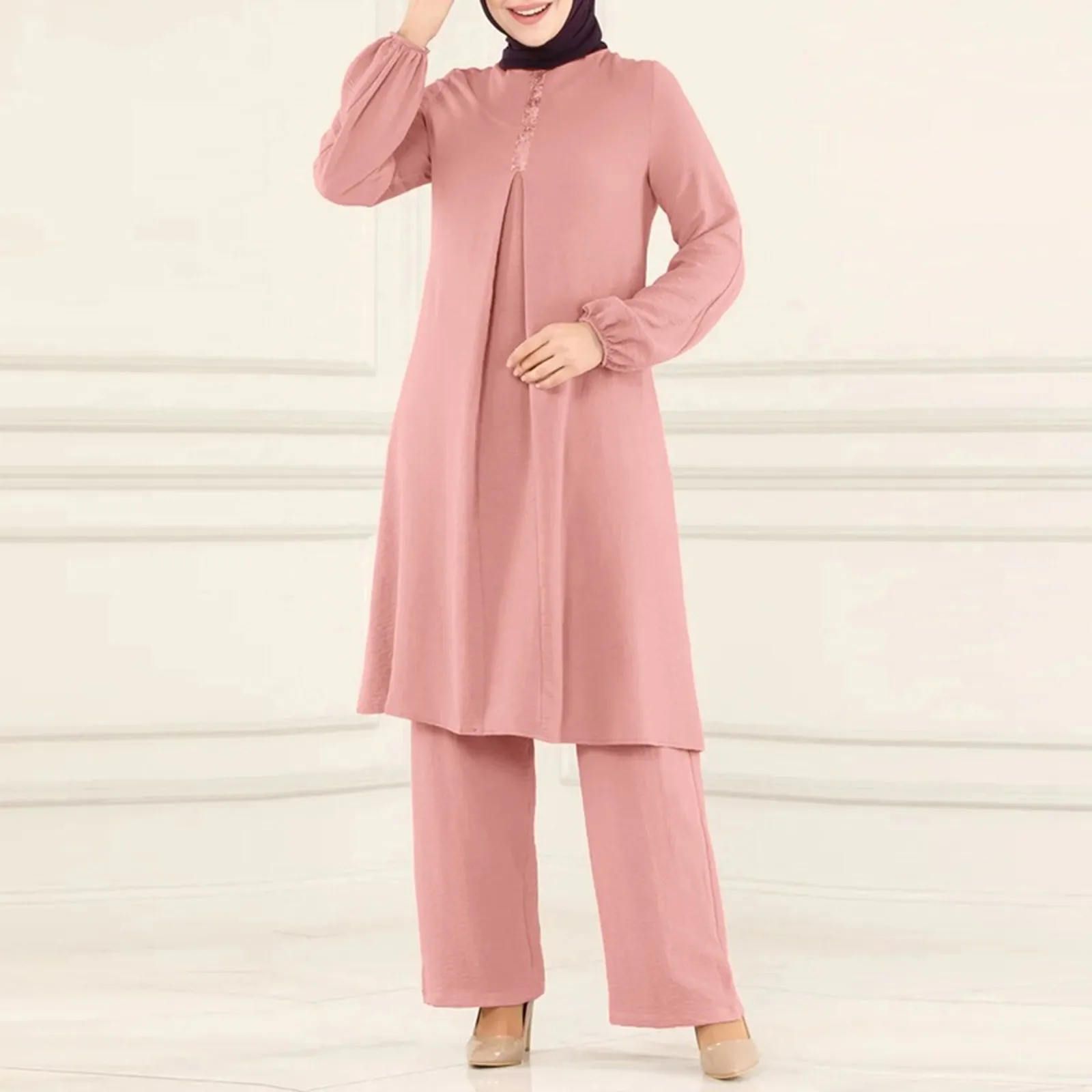 

2PCS Fashion Islamic Clothing Marocain Eid Mubarek Muslim Trousers Suits Women Long Sleeve Lace Crochet Blouse Pants Sets