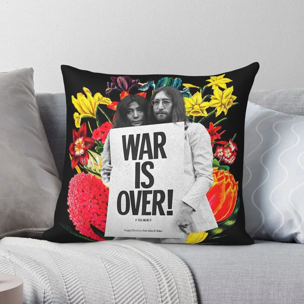 Happy Xmas War Is Over Square Pillowcase Polyester Linen Velvet Printed Zip Decor Throw Pillow Case Room Cushion Cover