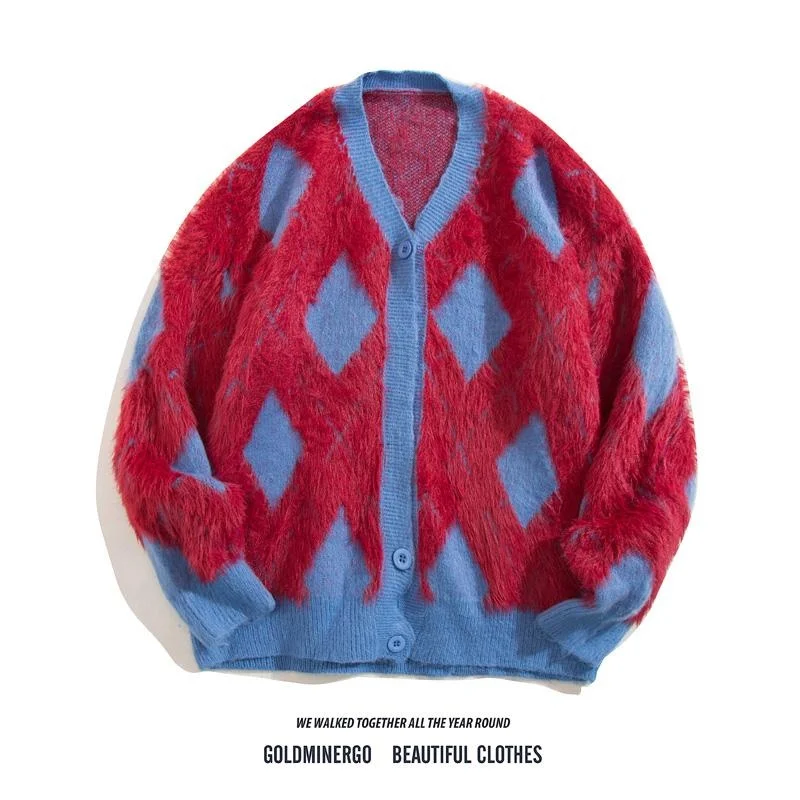 

Laid-ba College Sle Color Blo Diamond Pattern Open Cardigan Sweater ex Loose Casual Knitted Outerwear for Autumn An...